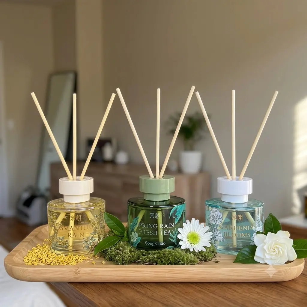SONG CHAO 3-Bottle Reed Diffuser Set - "Realm of Blooming Flowers" Series, Gardenia, Spring Rain Green Tea, Osmanthus Fragrances, Home Fragrance, Home Care Supply