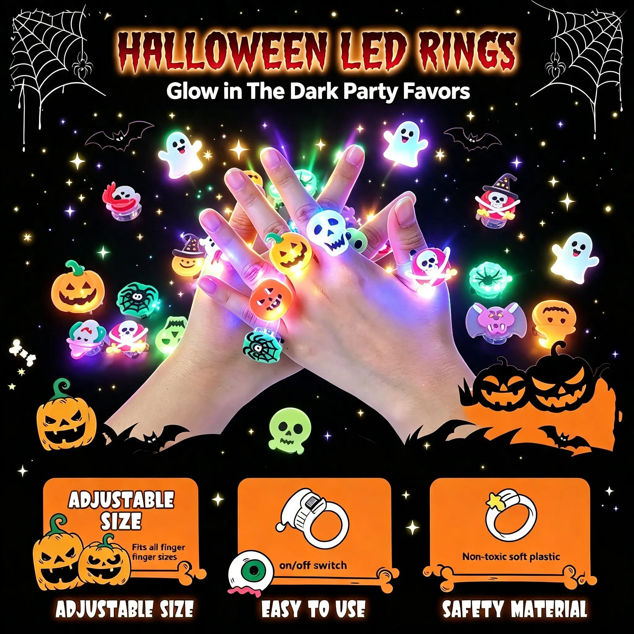 50 PCS Halloween Party Favors for Kids, Glow in The DarkToys Bulk Halloween Party Supplies Light Up LED RingsHalloween Treats for Goodie Bag Fillers Stuffers ClassroomPrizes Trick or Treat Gifts