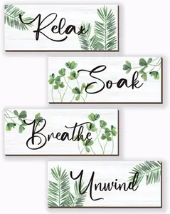 4 Pcs Farmhouse Bathroom Wall Decors Relax Soak Unwind Breathe Wooden Word Sign Green Hanging Wall Art Rustic Office Wall Decor for Bedroom Living Room Vintage Decorations Green Leaves 10X4 Inch