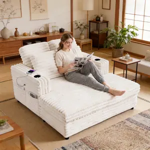 Jonpony 66'' Oversized Chaise Lounge Chair Soft Velvet Upholstery for Living Room, Chaise Lounge Chair Includes Cup Holders Side Pockets and USB & Type-C Charging Ports, Comfy Lounge with Sturdy Backrest