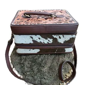 The Double Decker Large Cowhide and Tooled Leather Jewelry Case Tan Handmade with Hand Tooled Leather Top Design & Detachable Strap Boxes Organizer 12” x 8.5” x 7.5” Bracelet Chocolate
