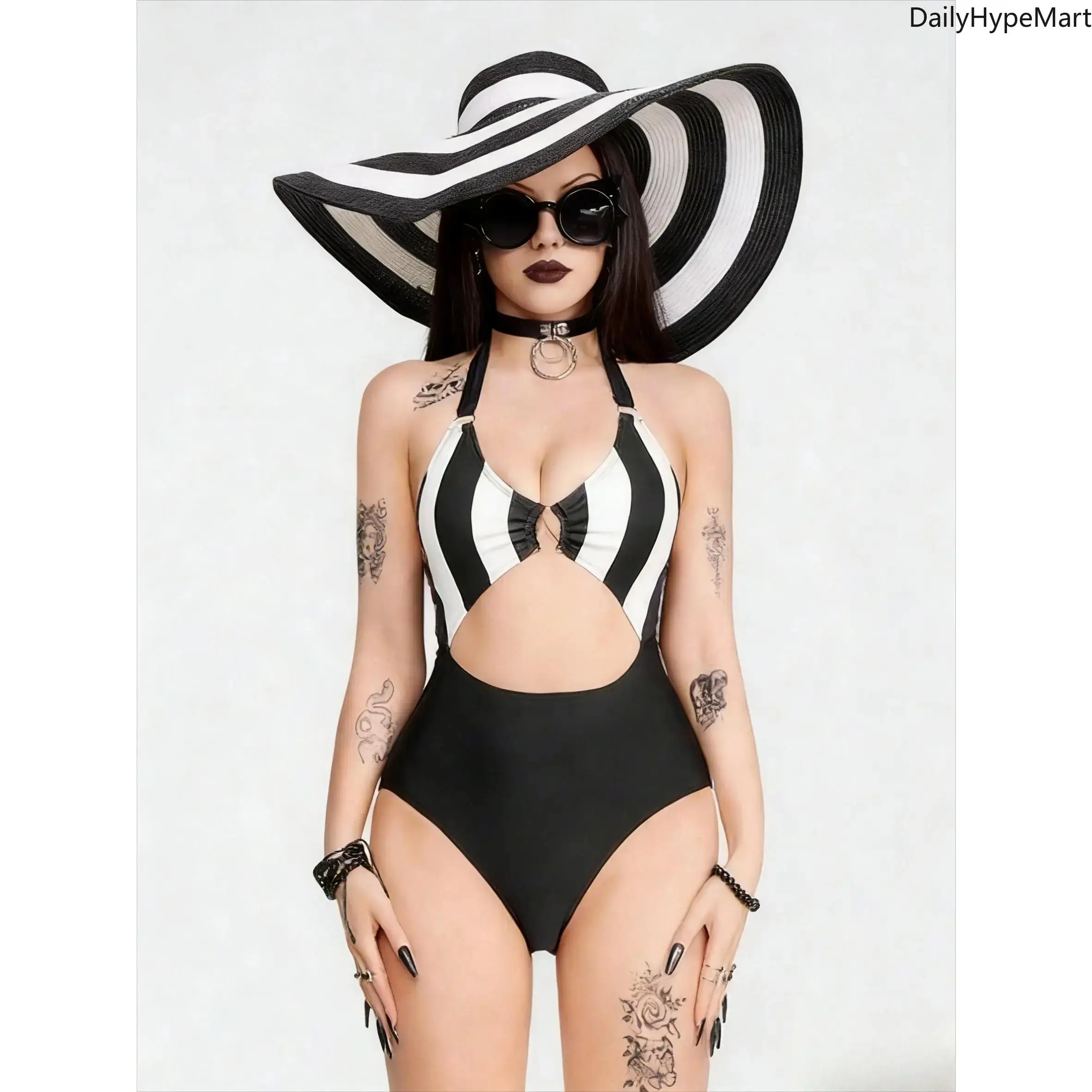 Women's Gothic 1-Piece Swimsuit - High Cut, Hollow-Out, Colorblock Striped Print Beachwear Swimsuit for Summer, Gothic Swimsuit