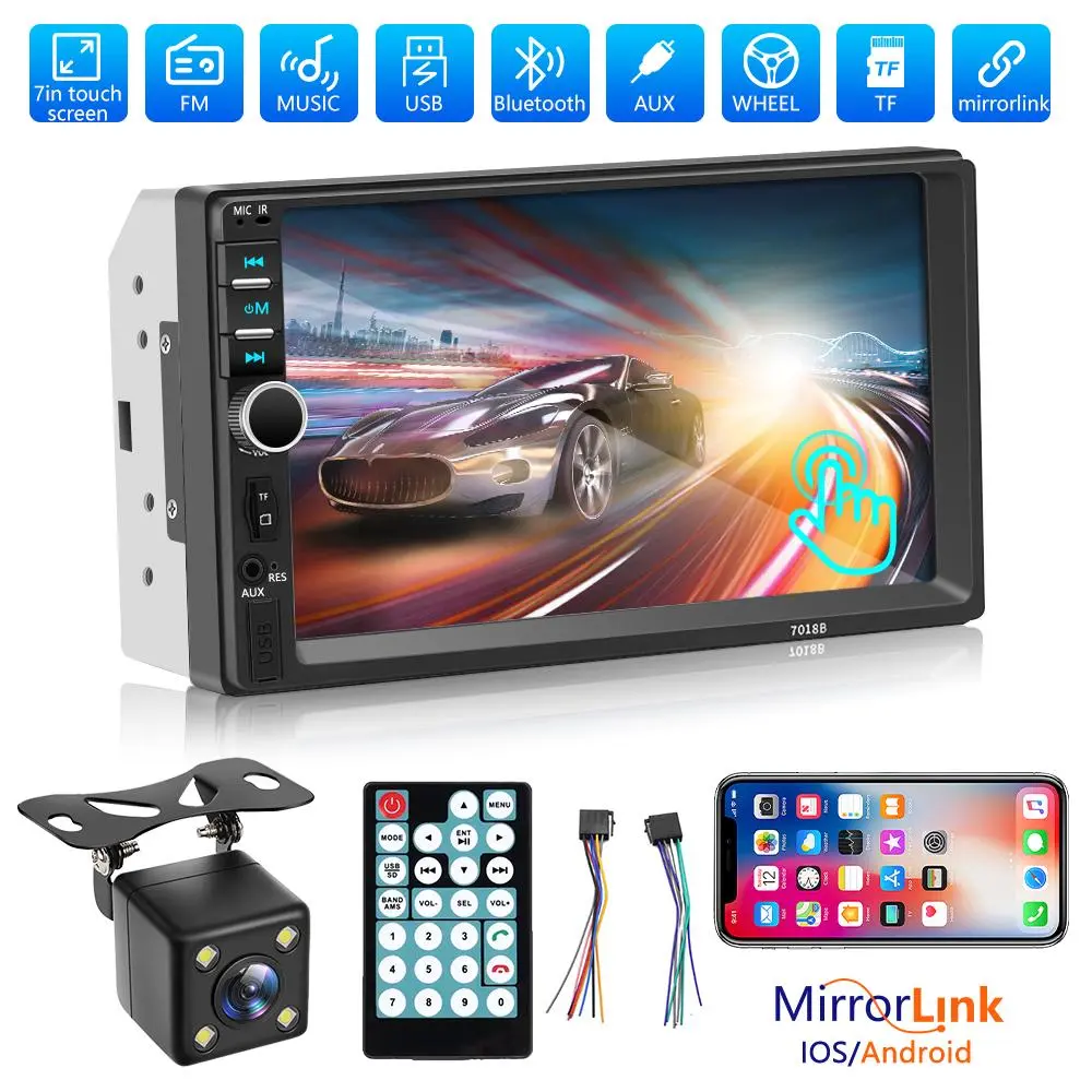 7 Inch HD Car MP5 Player with TF Card Slot and Rear View Backup Camera，7" HD Car MP5 Player with Rearview Camera, Double Din Touchscreen Car Radio, Bluetooth Handsfree, Mirror Link, FM/USB/TF/AUX, Plug & Play