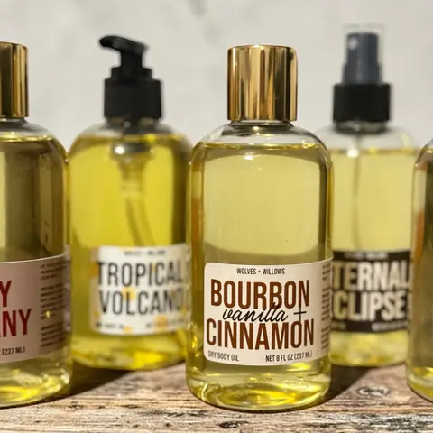 8oz Masculine Wolves & Willows Scented Dry Body Oil Moisturizer - Pineapple-Bergamot-Avocado Blend with Smooth Mahogany Cherry Scent, Neroli Boost, Non-Toxic, Phthalate-Free Moisture Formula