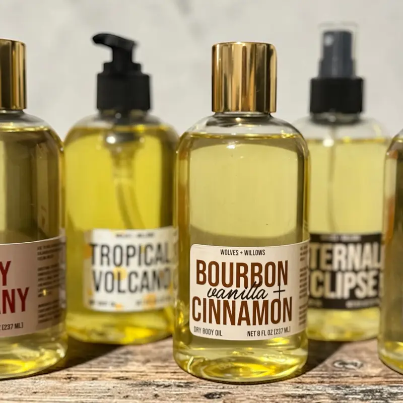 8oz Masculine Wolves & Willows Scented Dry Body Oil Moisturizer - Pineapple-Bergamot-Avocado Blend with Smooth Mahogany Cherry Scent, Neroli Boost, Non-Toxic, Phthalate-Free Moisture Formula