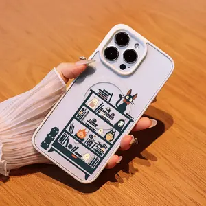 Studio Ghibli Characters (Jiji, No - Face, Totoro) on Bookshelf Design Compatible with iPhone 11/12/13/14/15/16/16E/Mini Series Frosted Magnetic Phone Case with Anti - Fingerprint & Strong Magnetic Adsorption