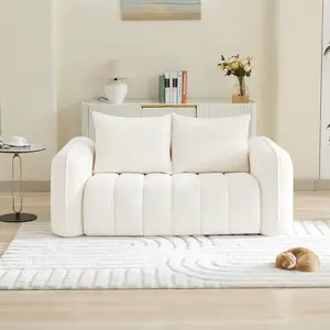 66'' Boneless Corduroy Loveseat Sofa, 2 Seater Tufted Deep Seat Couch with Rounded Armrest, Upholstered Cloud Couch for Living Room, Bedroom, No Assembly, Beige