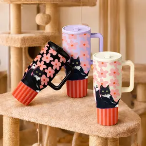 1 Pc 40oz Insulated Mug With Handle, Double Wall Vacuum Cup, Flasks, Leak Proof Thermal Mug For Hot Cold Drinks, Large Capacity Travel Mug With Lid, Cat Floral Design, Gift For Women Men Cat Lovers, Coffee Tea Water Tumbler For Home Office Car Cam