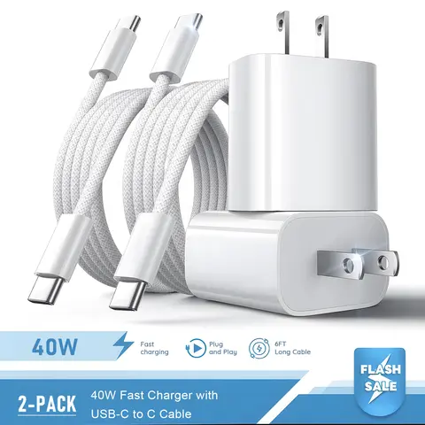 2-Pack 40W Super USB C Fast Charger with 2-Pack 6FT USB C to Type C Fast Charging Cable for iPhone 17/16/15/Air/Pro Max, iPad, AirPods, Phone Power Adapter & Cable Set Electronic Accessories, Mobile, Smartphone