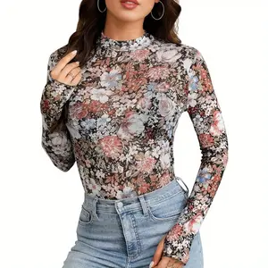 Mesh lace long-sleeved top with stand-up collar and floral pattern, suitable for women's fashion and sexy evening wear.