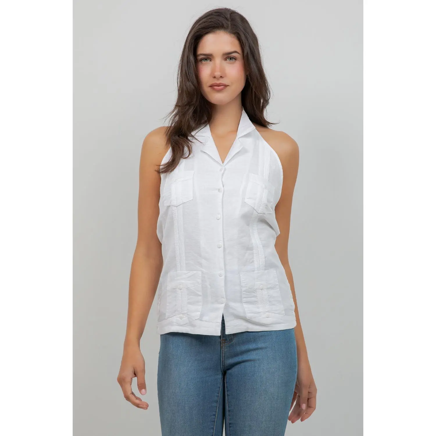Women's Linen Blend Guayabera Halter Top – Button Down, Lightweight Fit