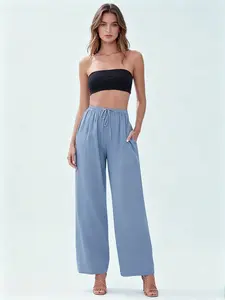 Women'S Pants Linen-Blend Wide-Leg Pants High-Waisted Gray-Blue Casual Harem Pants Drawstring Elastic Waistband Loose And Flowing Long Pants With Pockets Y2k Street Style Summer Beach Vacation Everyday Fashion Bottoms