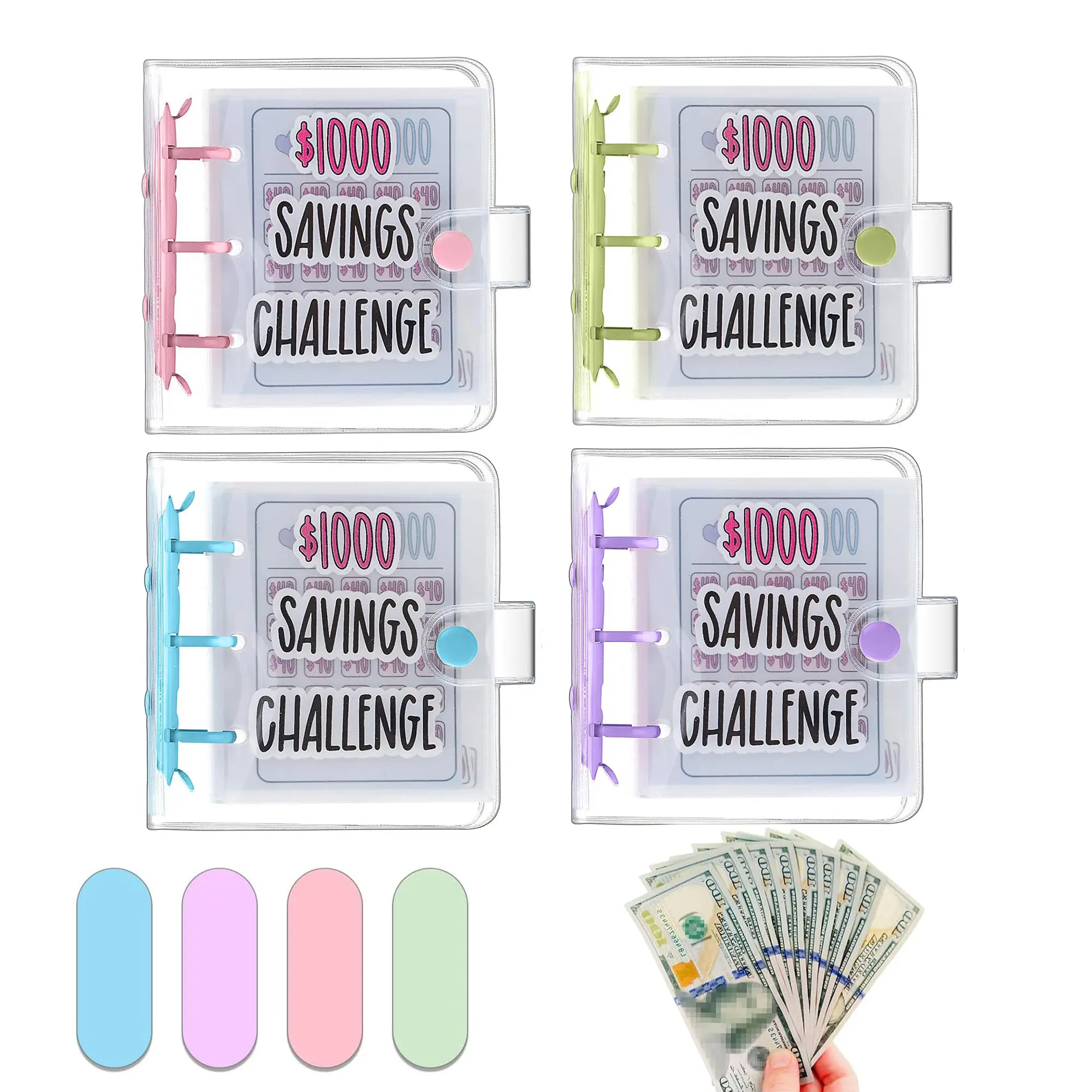 $1000 Money Saving Binder, 2026 Savings Challenge Budget Planner with Transparent PVC Pockets, Mini Cash Envelope System, Reusable Loose Leaf Finance Organizer, Personal Money Management Notebook