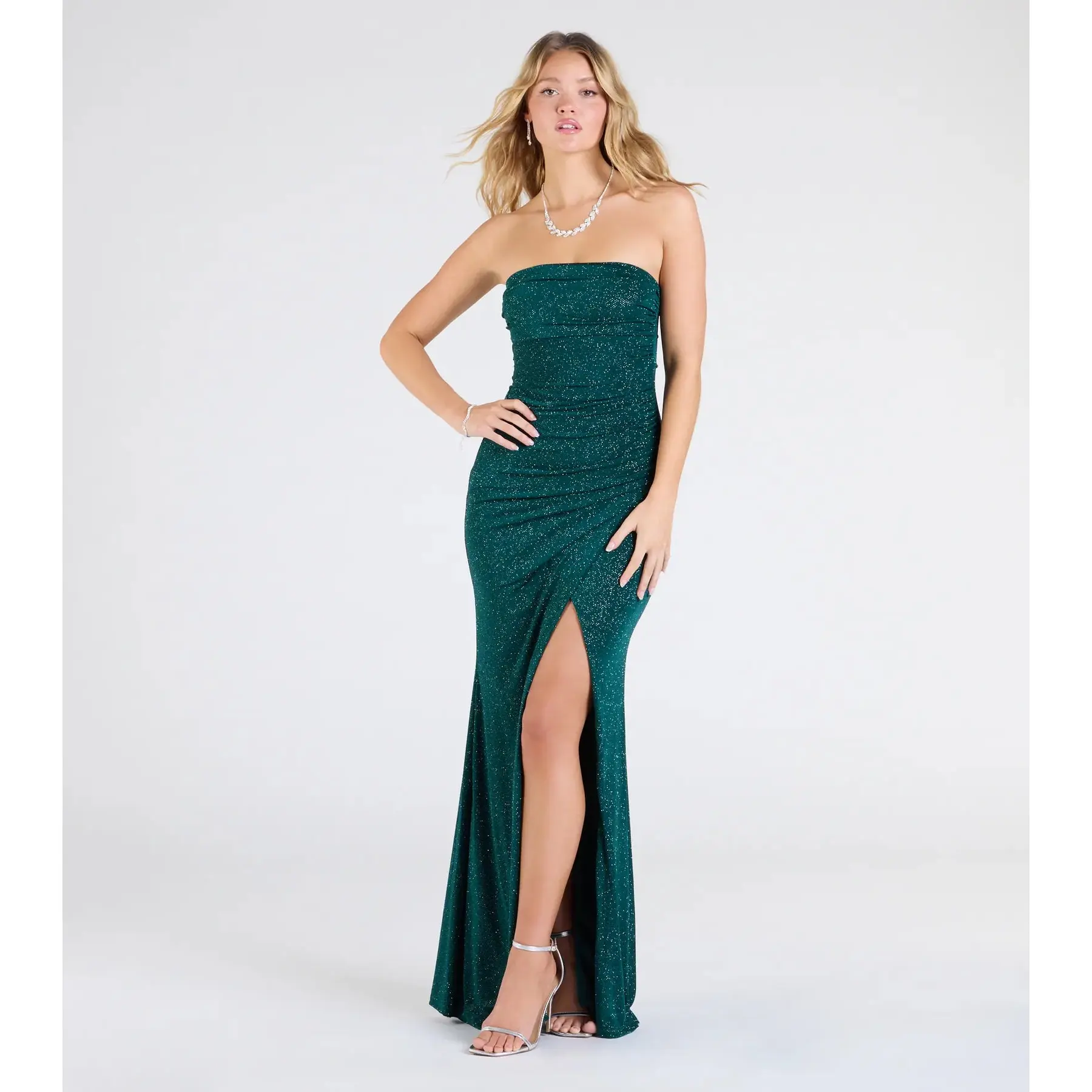 Kaye Strapless Mermaid Slit Glitter Formal Dress