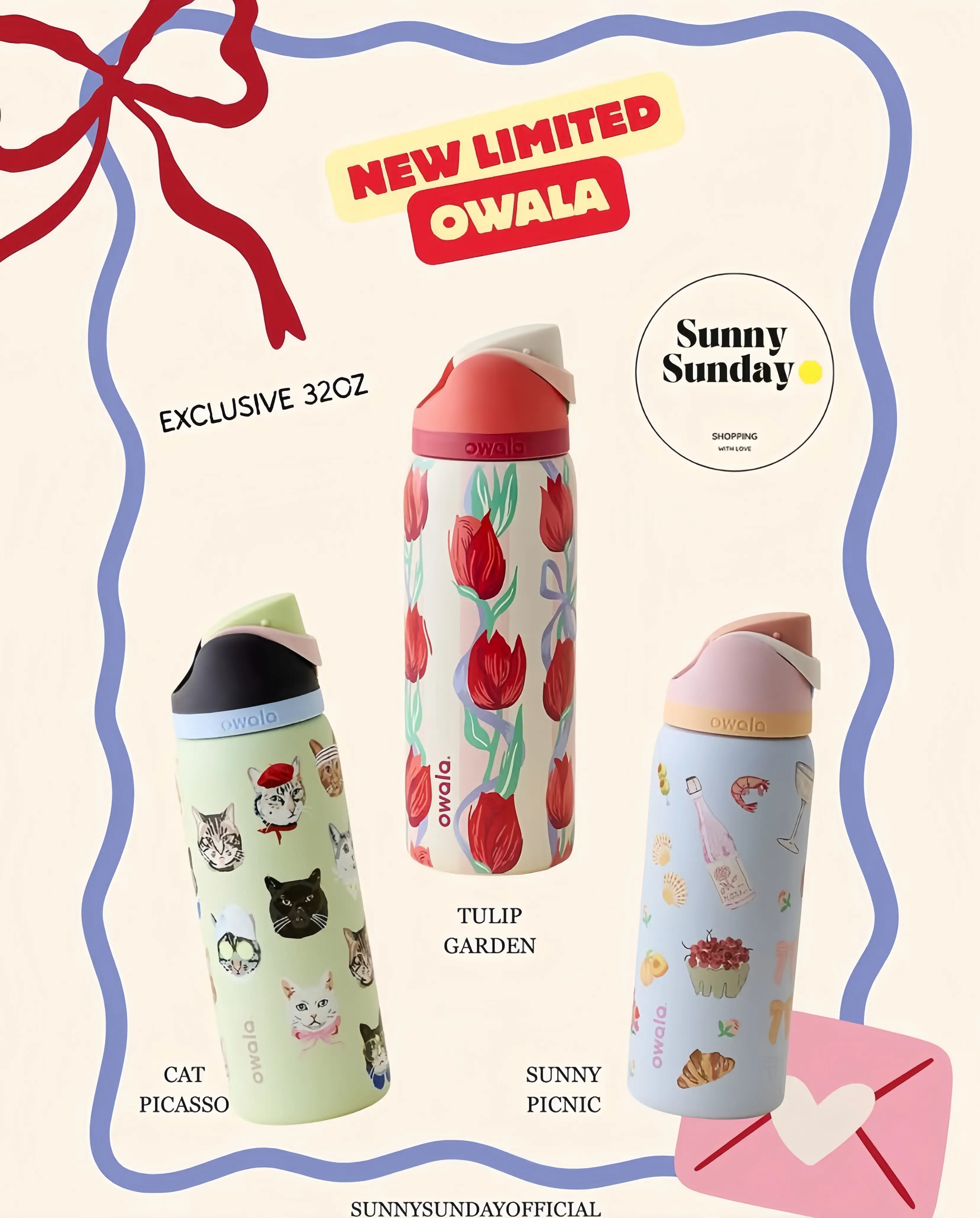 Owala 32oz Rose & Croissant Print Water Bottle Tumbler, Portable Vacuum Flask for Picnics & Brunch, All-Day Icy Cold Travel Drinkware with Bag, Glass Juice Lid, Straws & Duck Canister, Water Bottles, Insulated Flasks, Leakproof Insulated