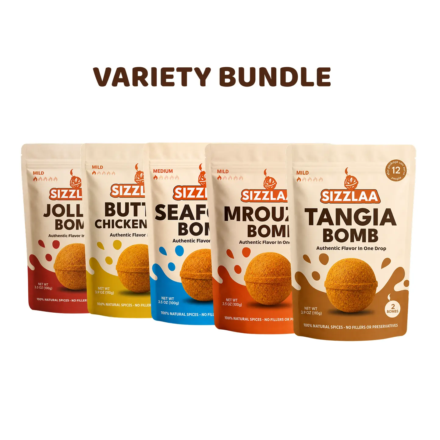 Sizzlaa Variety Spice Bomb Bundle - 5-Pack Seasoning Set, Including Tangia, Mrouzia, Jollof, Butter Chicken & Seafood Boil Spices, Five Packs
