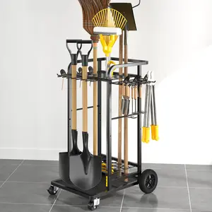 SOYEEZE Garden Tool Organizer,Yard Tool Holder Rack for Garage for Shovels/Rakes/Brooms/Mops, Movable Utility Outdoor Tool Stand with Two Types of Wheels and 12 Hooks for Shed,3-Tier