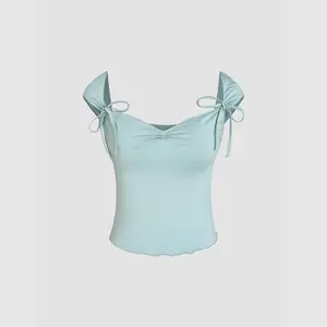 Cider [6 colors, size 0-10] Ruched Lettuce Trim Bowknot Crop Cami Top