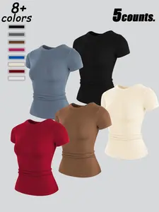 Women's Sporty Plain Short Sleeve Yoga Top, Elastic Breathable Tight Fit, Waist Cinching Slimming Gym Wear, Round Neck Workout Shirt