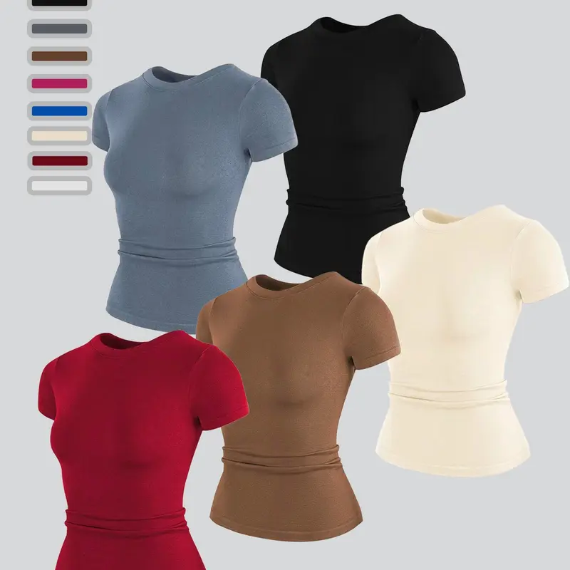 Women's Sporty Plain Short Sleeve Yoga Top, Elastic Breathable Tight Fit, Waist Cinching Slimming Gym Wear, Round Neck Workout Shirt, Breathable Workout Tops, Workout Clothes