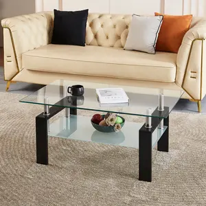 Tempered Clear Glass Coffee Table, 2-Layers Coffee Table Living Room Center Table   WL RR
