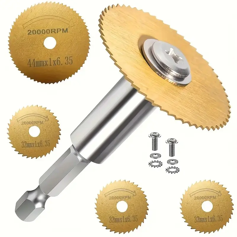 7pcs High-Speed Steel Circular Saw Blades Set, Titanium Coated, 20,000 Rpm, 3.17inch Cut Dia., Precision Cutting, Hex Shank for Rotary Tools