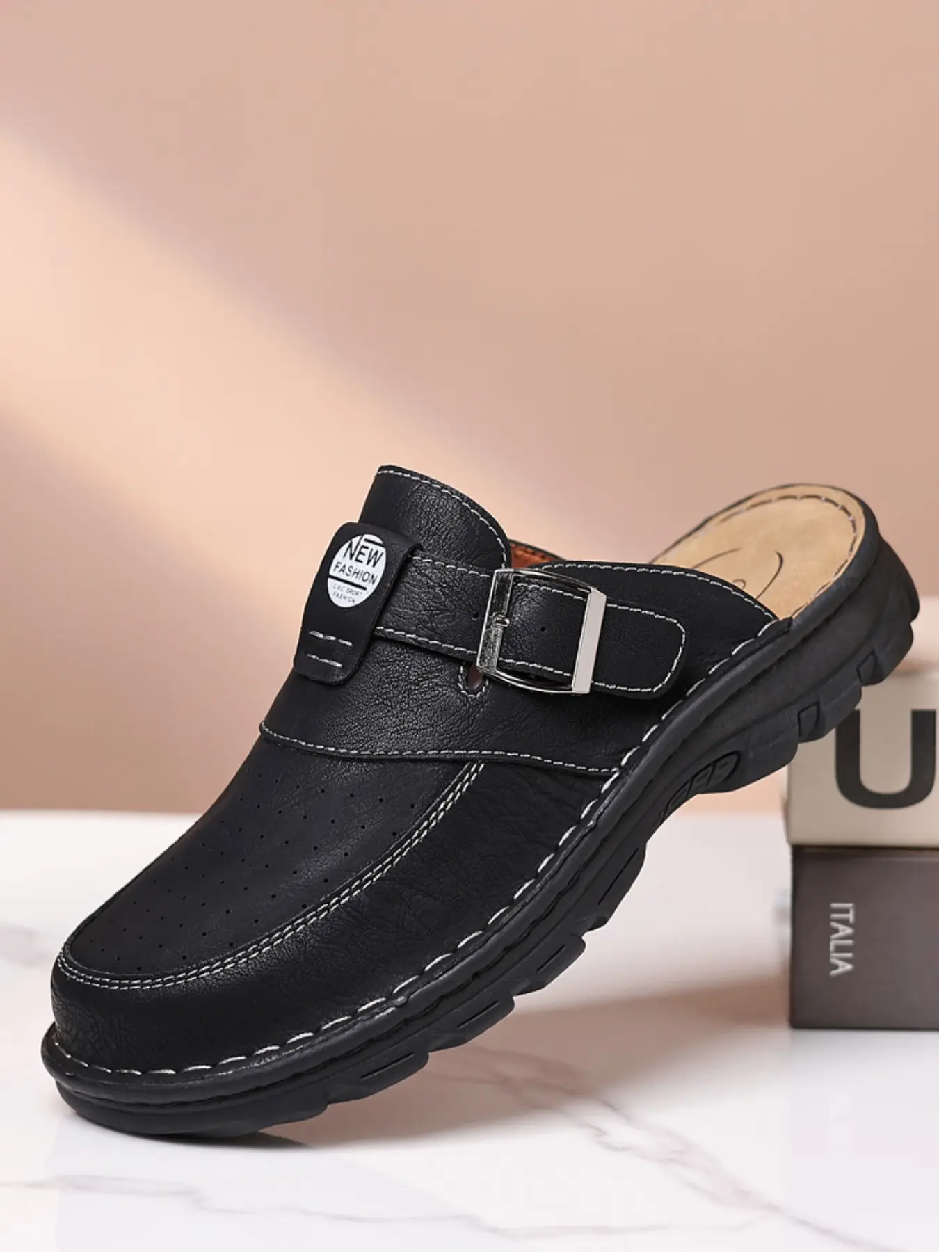 Lazy Summer Essential Shoes, Buckle Slip-On Sandals, Thick Soled Mules, Above Ankle PU Leather, Rubber Sole, All-Season Comfort, Easy Wear