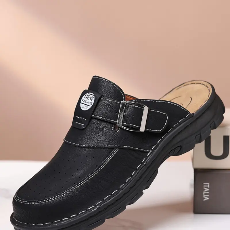 Lazy Summer Essential Shoes, Buckle Slip-On Sandals, Thick Soled Mules, Above Ankle PU Leather, Rubber Sole, All-Season Comfort, Easy Wear