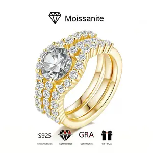 Luxurious Moissanite Main Stone 2CT Set Ring S925 Silver Gold Three-Layer Ring