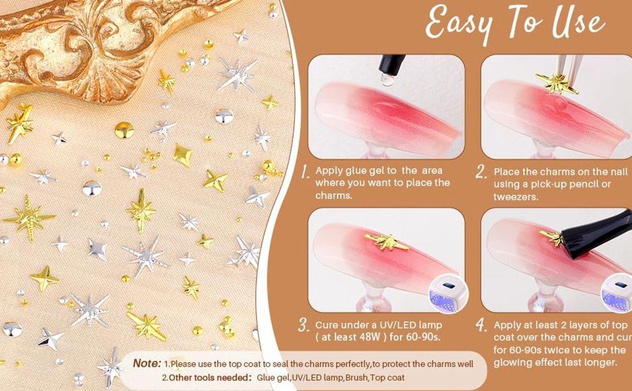 2640Pcs 3D Star Nail Charms, Gold & Silver Multi-Shapes Metallic Nail Art Gems and Small Round Caviar Beads, Craft Jewels Nail Rhinestones Accessories Manicure Decor with Tweezers and Pick-up Pencil