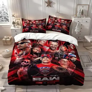 3-Piece Wwe Raw Theme Printed Bedding Set, Duvet Set, Soft Bedding Sets, Soft Comfortable Sheet & Pillowcases, Decorative Bedding Set, Ideal Home Bedroom Decor Gift, All Seasons