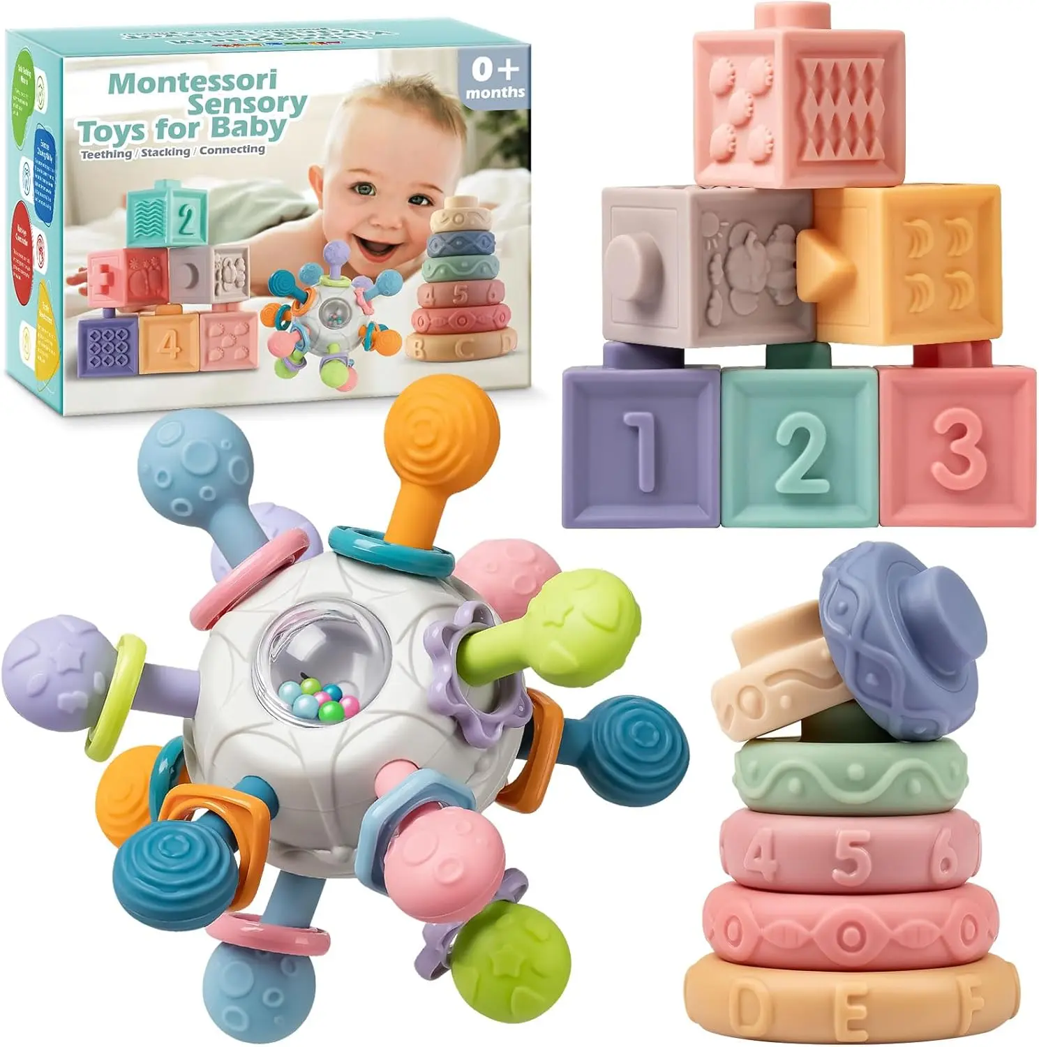 Baby Sensory Teething Toy Set - Montessori Infant Toys for 0-18 Months, Newborn Rattle Teether, Baby Blocks, Soft Stacking Rings, Ideal Gift for Infants