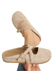 Women's Mary Jane Mules Shoes, Velvety Fabric Design, Cross-Strap Closure, Retro Style Daily Wear Footwear, Comfortable Slip-On