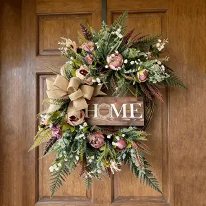 American Country Style Front Door Wreath with Home Sign, Artificial Peony Fern Wreath, Burlap Bow, Vintage Farmhouse Decor, All Seasons