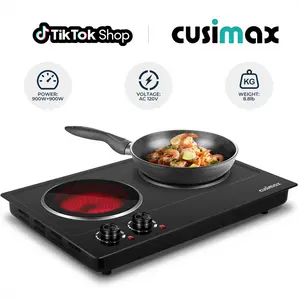 CUSIMAX Dual Control Ceramic Electric Hot Plate - Double Burner Infrared Stove, Safety Shut-Off, US Plug, Household Kitchen Appliance Induction Cooktop