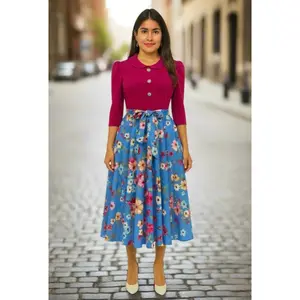 The Blooming Elegance Dress - Deep Magenta Bodice with Floral Blue Skirt - Comfortable 96% Polyester 4% Spandex Blend for Effortless Style