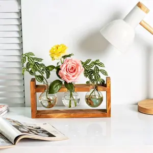 Glass Plant Terrarium - 3 Bulbs Propagation Station with Retro Wood Stand Indoor Garden Planter, Wooden Stand Tabletop for Hydroponics Home Garden Decor，Gifts for family and Plant Lover