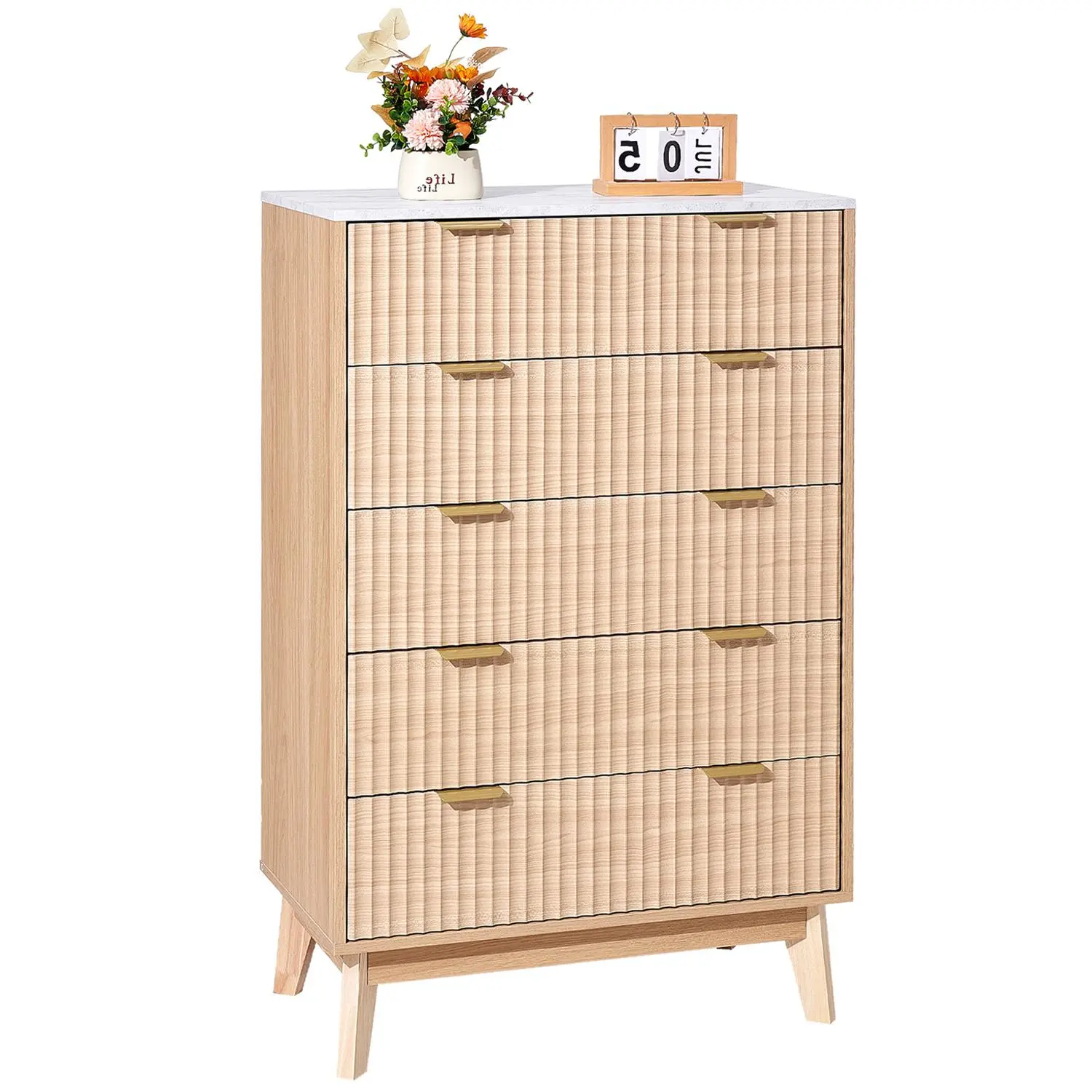 【summerfinds】VEVOR 5-Fluted Wooden Drawer Dresser - Modern Storage Cupboard with Sliding Function, Anti-Tip Device, Minimalist Decluttering, Dresser Organization (Light Wood) [Father's Day Gift] - Small Room & Dorm Room Ideas