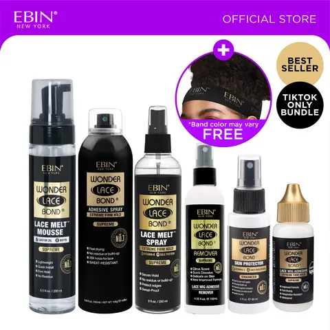 EBIN Wonder Lace Bond Ultimate Wig Install Kit | Adhesive Spray + Lace Melt Spray + Lace Melt Mousse + Adhesive glue + Skin Protector + Remover Bundle With FREE melting band All-in-one, Holding, Beginner-friendly, Easy Application, No Residue