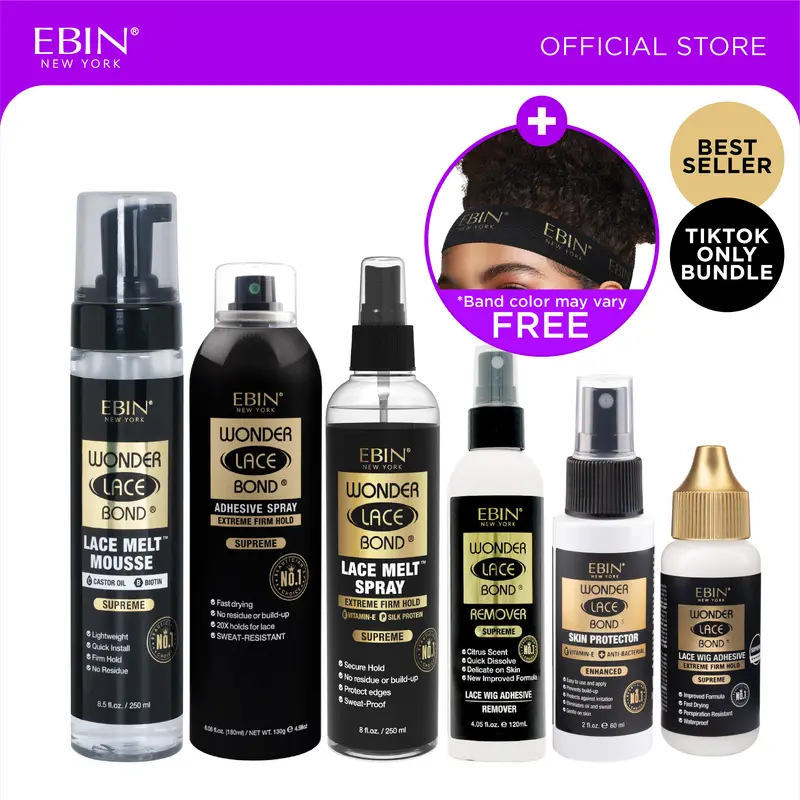EBIN Wonder Lace Bond Ultimate Wig Install Kit | Adhesive Spray + Lace Melt Spray + Lace Melt Mousse + Adhesive glue + Skin Protector + Remover Bundle With FREE melting band All-in-one, Holding, Beginner-friendly, Easy Application, No Residue