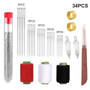 34PCS Big Eye Steel Needles Set, Portable Needles Thread Hand Repair Tools Sewing Supplies for Adults,Beginner, Include 25 Steel Needles,1 Seam Sewing Thread Ripper, 2 Needles Threaders, 5 Threads, 2 Thimbles, Portable DIY Hand Made Craft Set