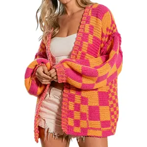 Women's Cardigan Sweater Vintage Open Front Mixed Checkered Pattern Chunky Knit Plaid Long Sleeve Daily Outwear Casual Cozy Jumper Womenswear Knitwear