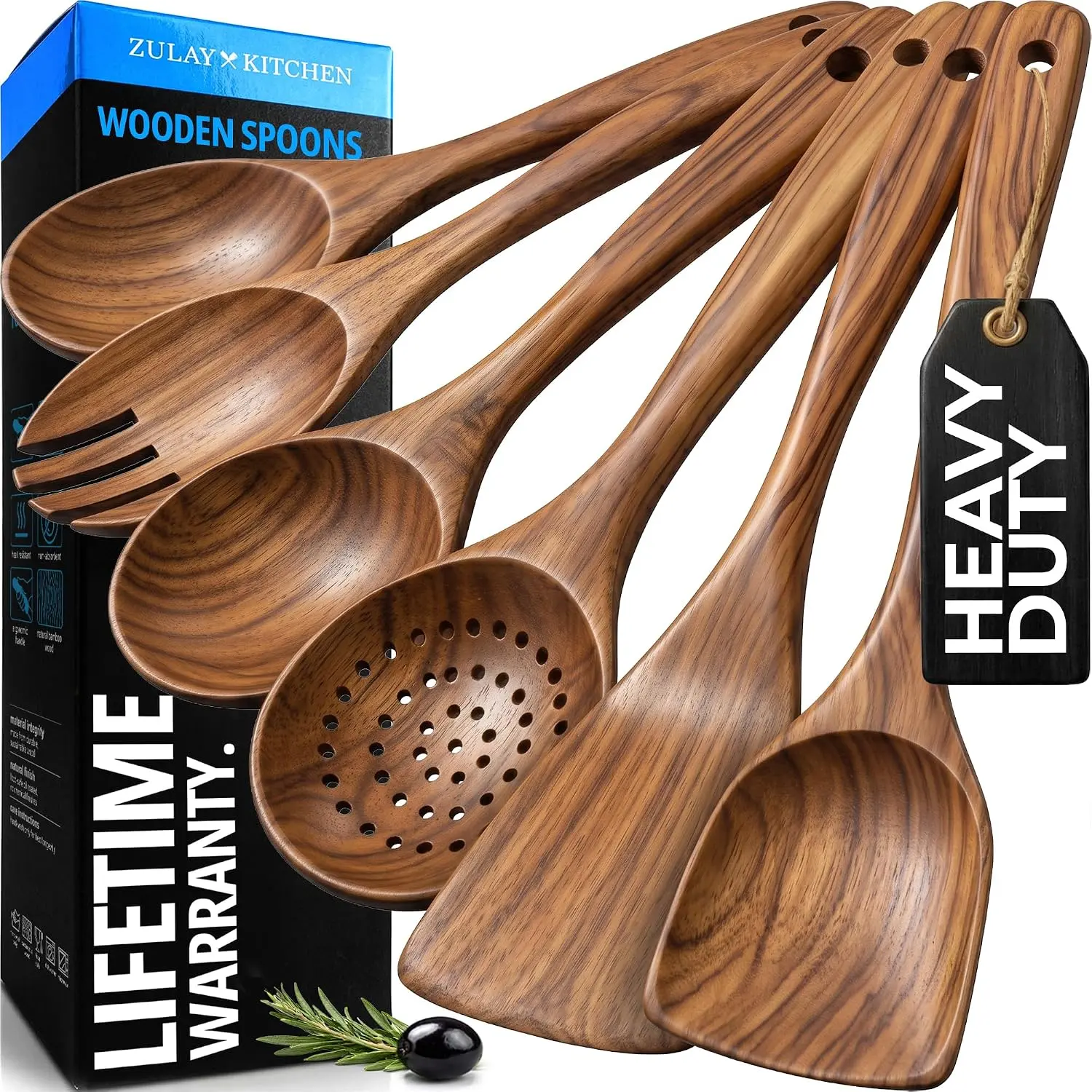 Zulay Kitchen 6-Piece Wooden Utensil Set - Teak Wood Spoons and Spatulas - Non-Stick, Oil-Safe, Aesthetic Design for Cooking and Serving Zulay Kitchen 6-Piece Wooden Utensil Set - Teak Wood Spoons and Spatulas - Non-Stick, Oil-Safe, Aesthetic Design for Cooking and Serving