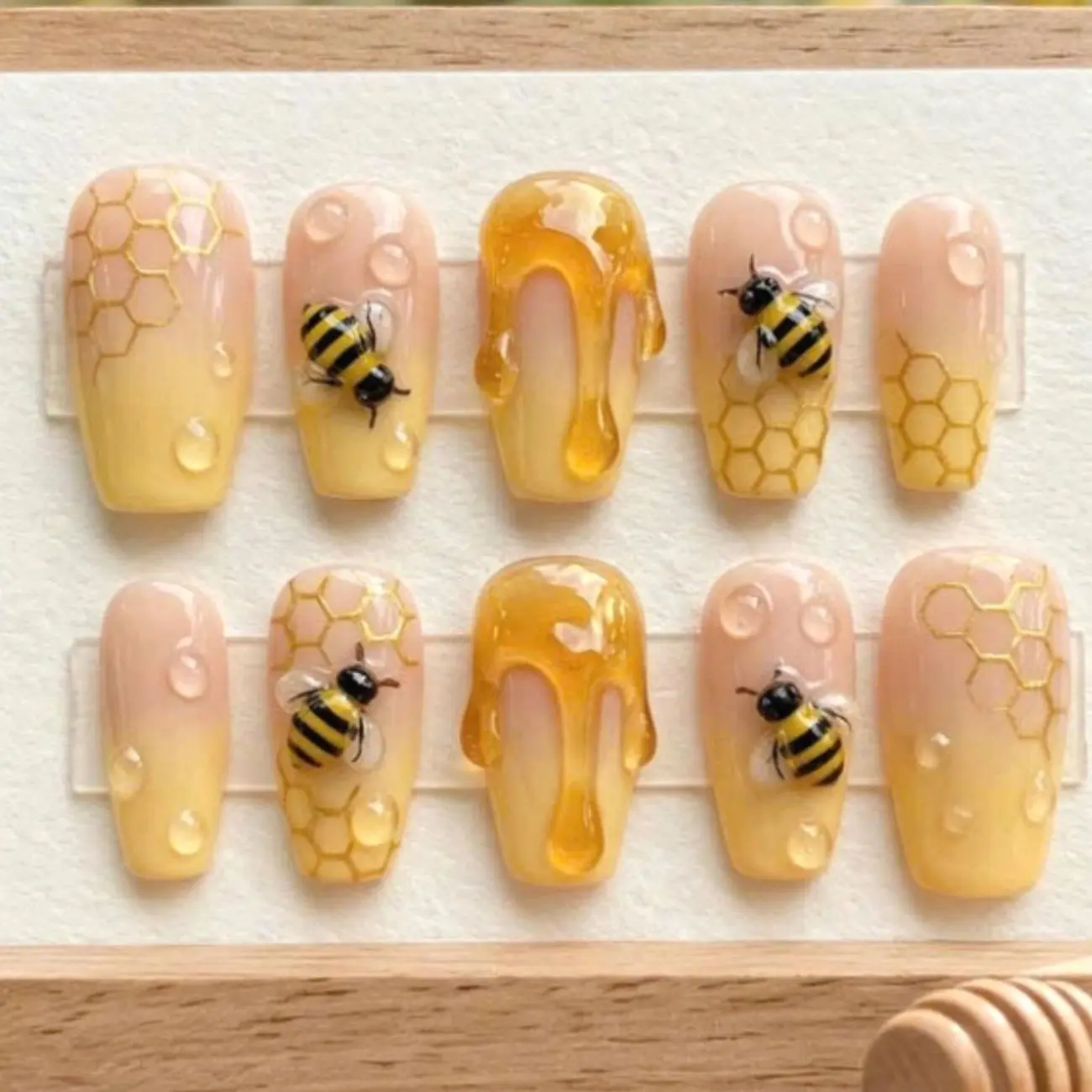 Honey Bee Press On Nails, 3D Bumblebee Charms, Golden Honey Drip, Honeycomb Pattern and Dew Drop Details, Warm Yellow Nail Art for Spring Summer and Garden Party