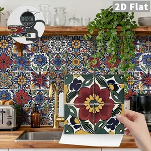 30pcs Mediterranean Peel & Stick Wall Tiles,  Vinyl Stickers for Kitchen Backsplash, Bathroom, Stair Riser Decor, Spanish Floral Design