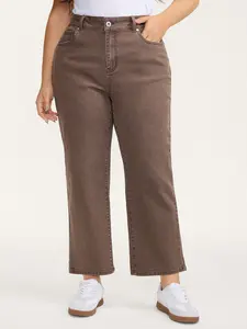 【Summer Turn-Up】【Tummy control】BlOOMCHIC plus size Dark Brown Regular Fit High Stretch Slanted Pocket Women's Jeans Fitted Casual Bottoms for All Seasons bootcut jeans sydney sweeney jeans ad straight leg jeans [M-6X] 2026 Summer Pick for Mother's Day