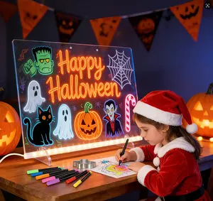 DIY Large Christmas Gift  LED Message Board with Color Features for Children and Teenagers' Drawing Boards Four Modes Graffiti Light-Up Board with Stand and Spray Bottle Glossy Dry-Erase Board Includes 7 Markers and Spray Bottle