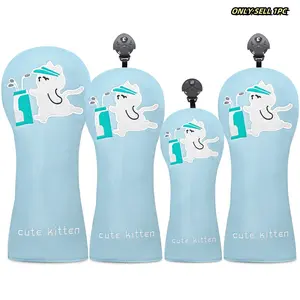 Blue Cat Playing Design Golf Club Cover, Trendy Head Cover for Drivers Fairways Hybrids, 1pc or 4pcs Set, Golf Accessory, Perfect Unisex Gift