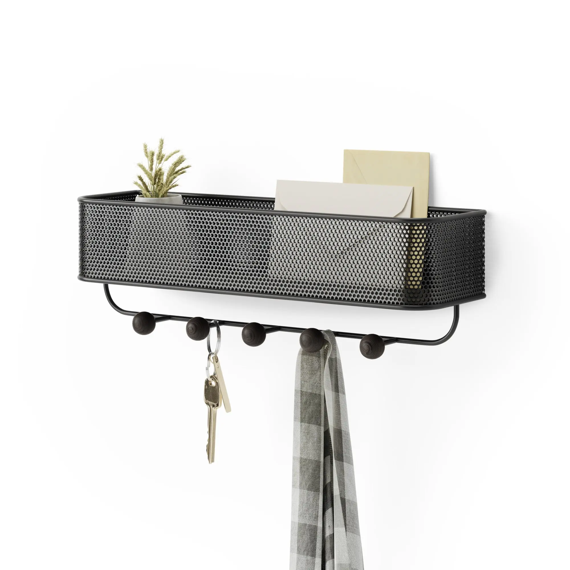 Umbra Estique Organizer, Wall-Mounted Entryway Organizer with Hooks, Perforated Metal Basket, Wood Knobs, Modern Design - Choose Your Color Metal Wall Wooden Box