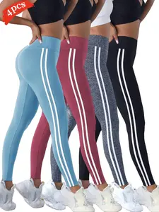 4PCS Women's High Waist Sporty Yoga Pants, Striped Tight-Fitting Leggings for Running & Casual Wear, Comfortable All-Season Active Wear, High Waisted Leggings, High Stretch Leggings